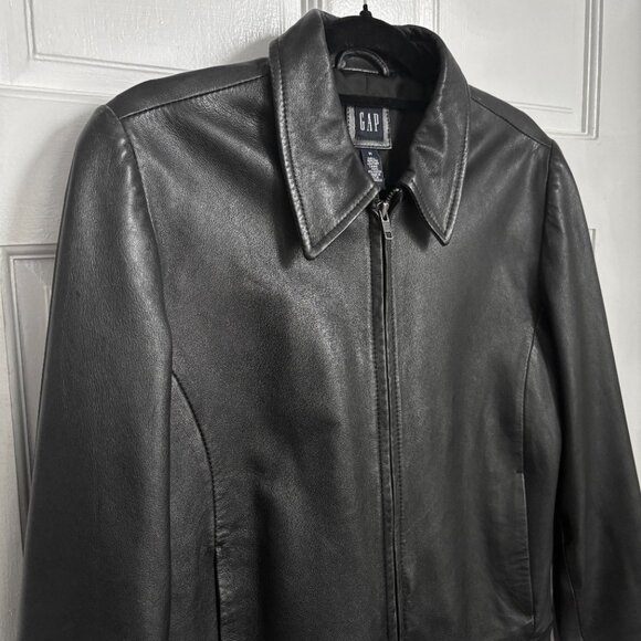 Gap Leather Jacket Black 90s Short Zip Collar Short Vintage Vintage Medium M - Picture 2 of 8
